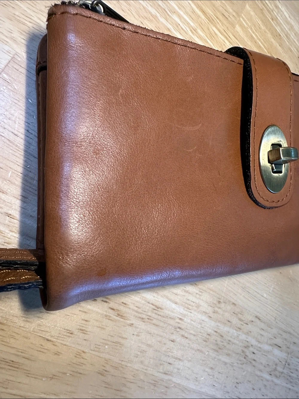 Patricia Nash Cognac Brown Leather Wristlet Wallet with Brass Accent